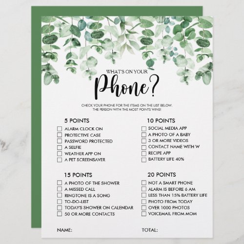 Whats on your Phone Eucalyptus Bridal Shower Game
