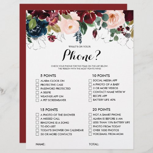 Whats on your Phone Floral Bridal Shower Game