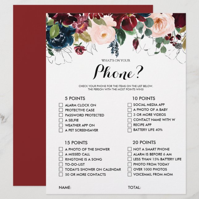 What's on your Phone Floral Bridal Shower Game (Front/Back)