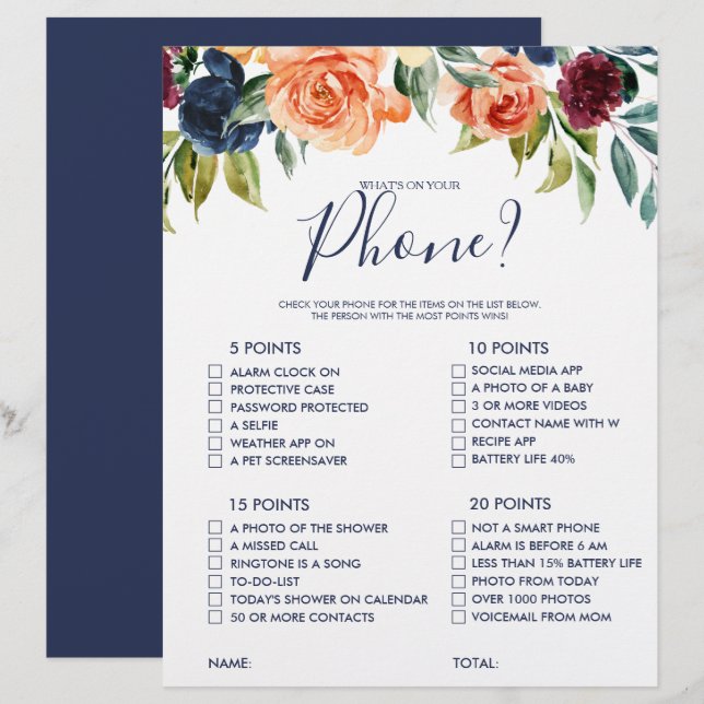 What's on your Phone Floral Bridal Shower Game (Front/Back)