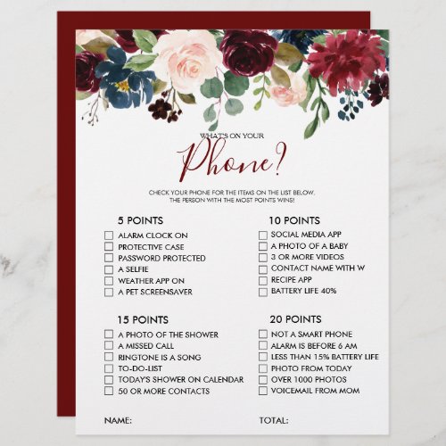 Whats on your Phone Floral Bridal Shower Game