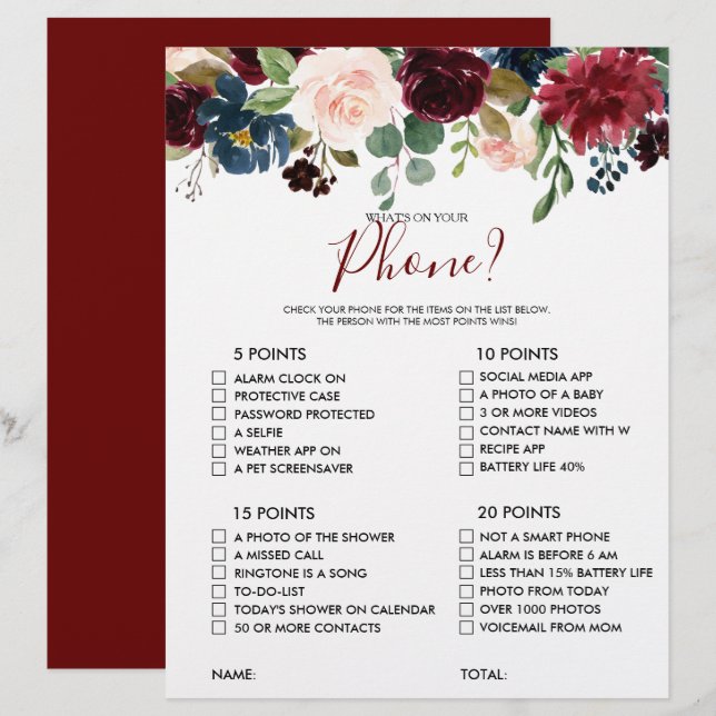 What's on your Phone Floral Bridal Shower Game (Front/Back)