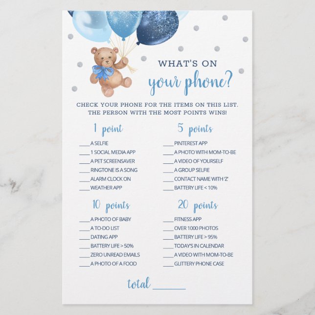 What's On Your Phone Game Baby Shower Teddy Bear  (Front)