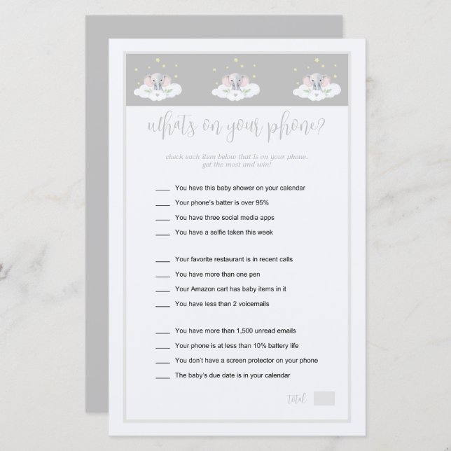 What's on Your Phone Game Elephant Baby Shower (Front/Back)