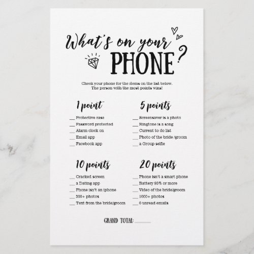 Whats On Your Phone Game for Bridal Shower