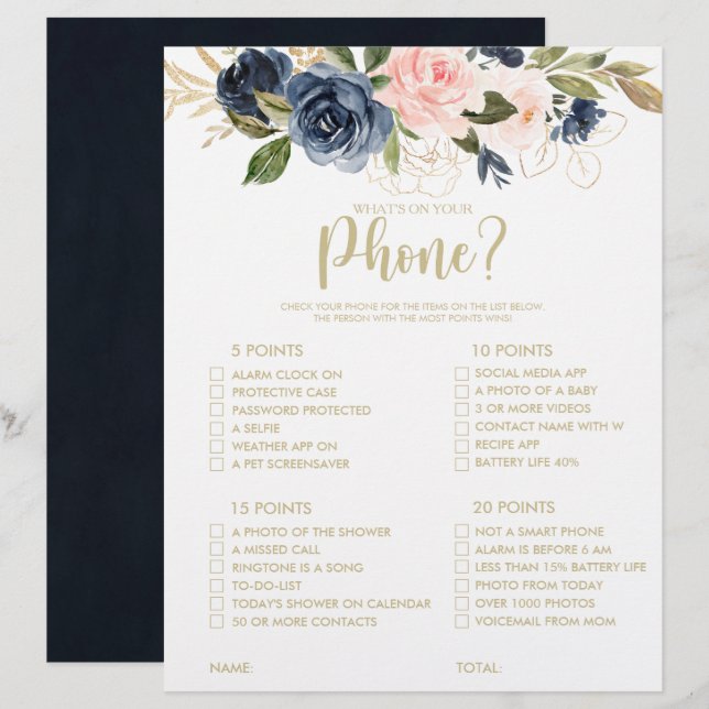 What's on your Phone Gold Bridal Shower Game (Front/Back)
