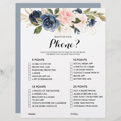 Whats on your Phone Gold Navy Bridal Shower Game