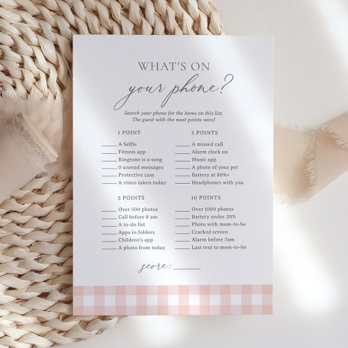 Whats on Your Phone Pink Gingham Baby Shower Game Invitation