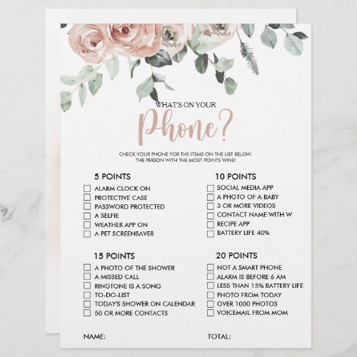Whats on your Phone Pink Rose Bridal Shower Game