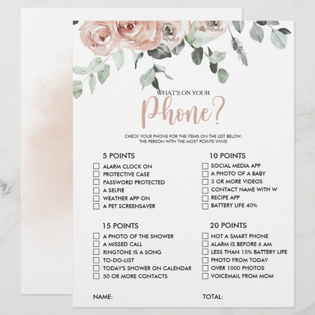 What's on your Phone Pink Rose Bridal Shower Game (Front/Back)