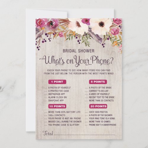 Whats on Your Phone Rustic Bridal Shower Game Invitation