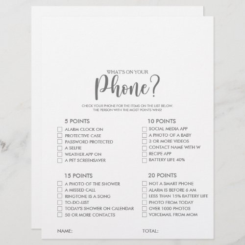 Whats on your Phone Silver Bridal Shower Game