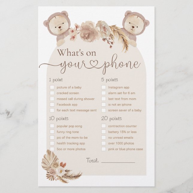 What's On Your Phone Twins Bear Baby Shower Game (Front)