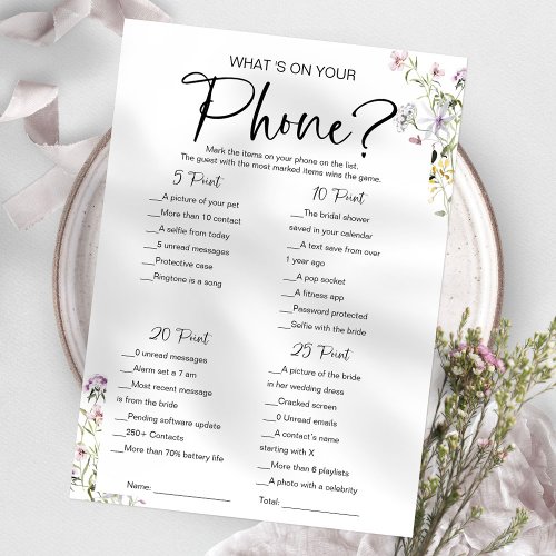 Whats On Your Phone Wildflower Bridal Shower Game Invitation