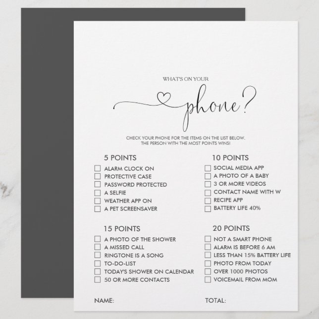 What's on your Script Phone Bridal Shower Game (Front/Back)