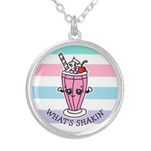Whats Shakin Strawberry Milkshake Cartoon Silver Plated Necklace