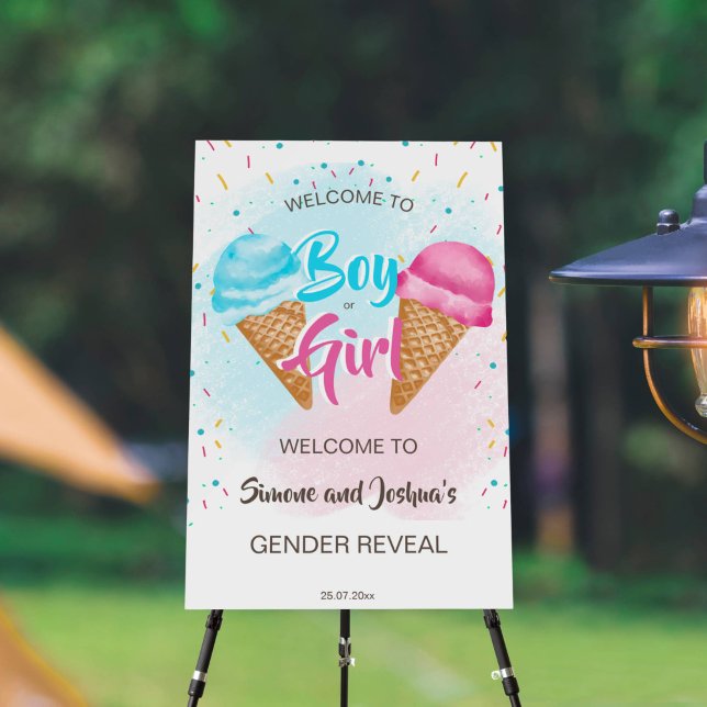 What's the scoop gender reveal welcome sign (What's the scoop ice cream gender reveal welcome sign board cone ice cream with sprinkles boy girl)