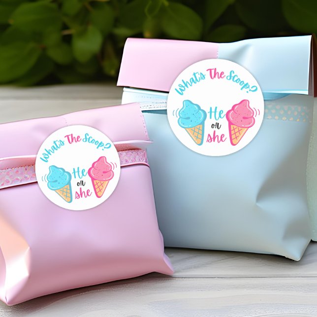 What's the Scoop Ice Cream Gender Reveal Favor Classic Round Sticker (Creator Uploaded)