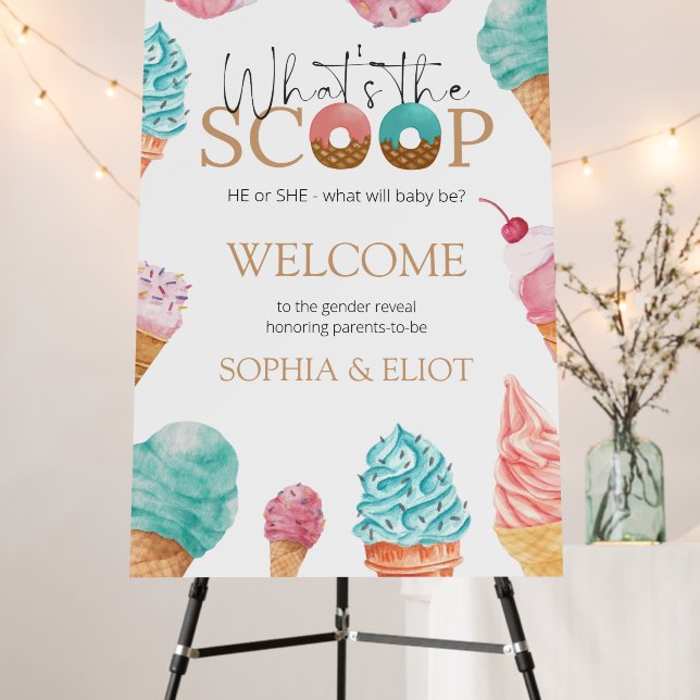 What's the Scoop Ice Cream Gender Reveal Welcome Foam Board (In Situ (Stand))
