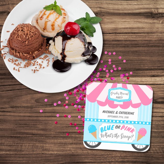 What's The Scoop Ice Cream Parlor Gender Reveal Square Paper Coaster (Creator Uploaded)