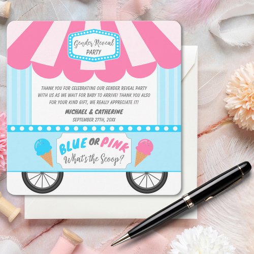 Whats The Scoop Ice Cream Parlor Gender Reveal Thank You Card