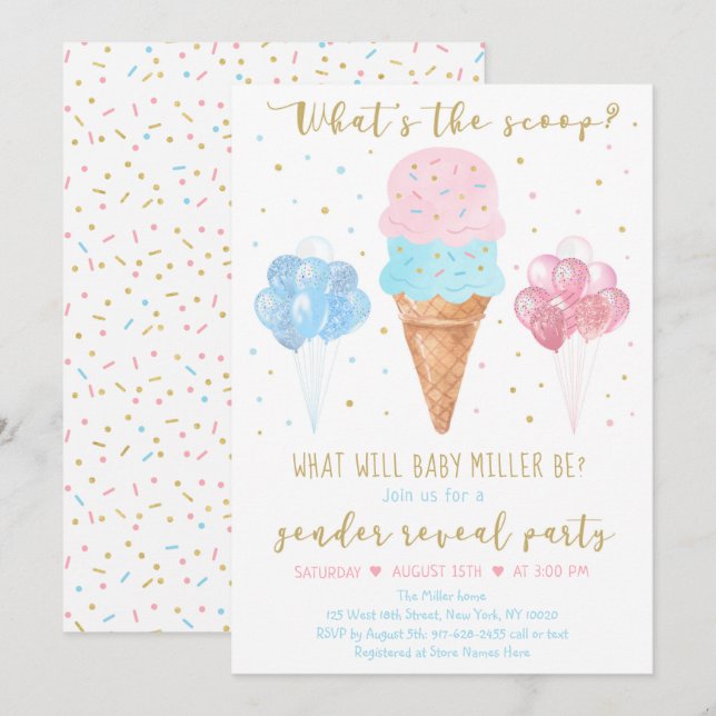 What's The Scoop Pink Blue Ice Cream Gender Reveal Invitation (Front/Back)