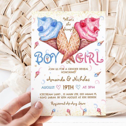 Whats The Scoop Pink Blue Summer Gender Reveal Invitation