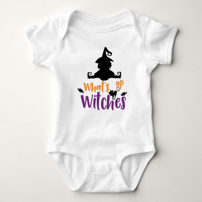 What's Up Witches, Witch, Cat, Bats, Halloween Baby Bodysuit (Front)