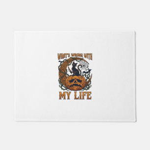 Whats Wrong Life Halloween Black Cat Pumpkin Knife Doormat