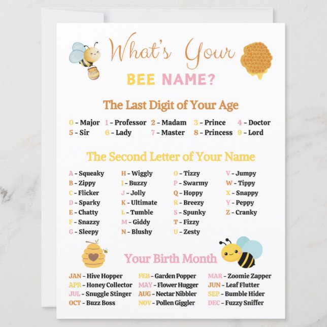 What's Your Bee Name Game (Front)