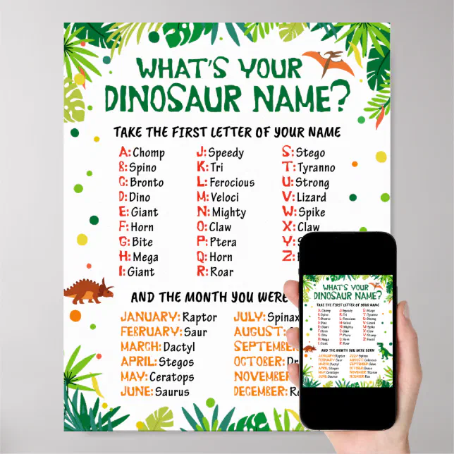 What's Your Dinosaur Name Party Game Poster | Zazzle