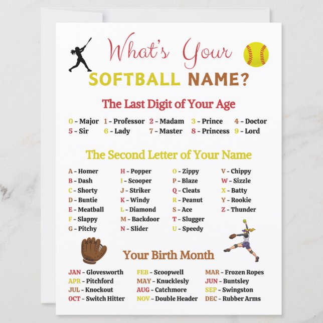 What's Your Softball Name Game (Front)