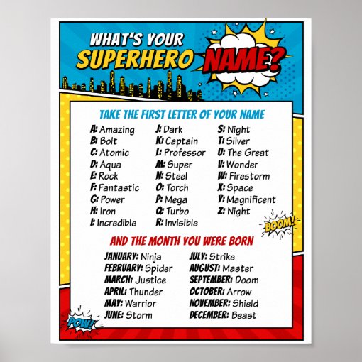 What's Your Superhero Name Party Game Poster | Zazzle