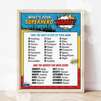 What's Your Superhero Name Party Game Poster
