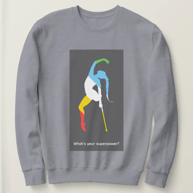 A grey sweatshirt with a colorful print.