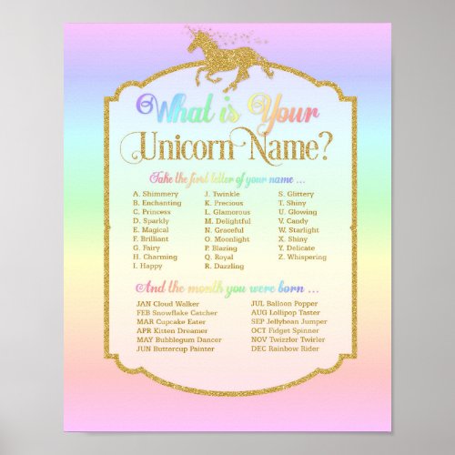 Whats Your Unicorn Name Birthday Party Game Poster