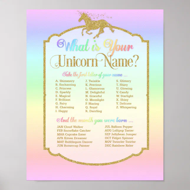 What's Your Unicorn Name Birthday Party Game Poster | Zazzle