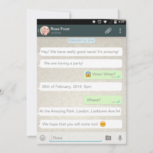 Whatsapp Android iPhone Chat Party Invitation (Front)