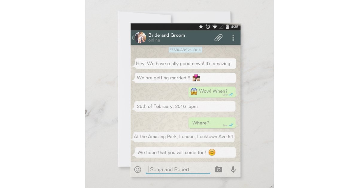 Whatsapp Android iPhone Chat Wedding Invitation Zazzle