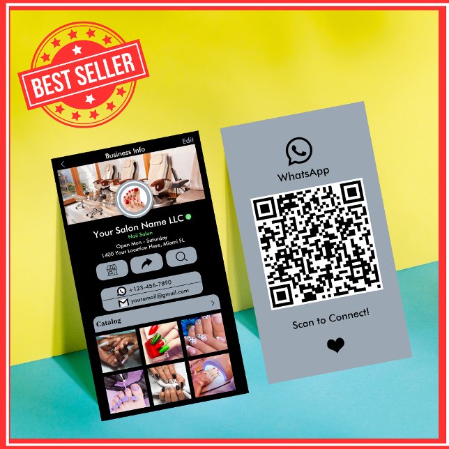 WhatsApp Nail Salon Dusty Blue Social Media QR Business Card (Creator Uploaded)