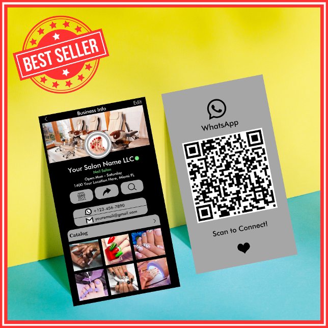 WhatsApp Nail Salon Gray Social Media QR Code Business Card (Creator Uploaded)