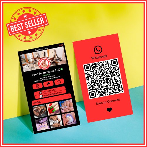 WhatsApp Nail Salon Red  Social Media QR Code Business Card