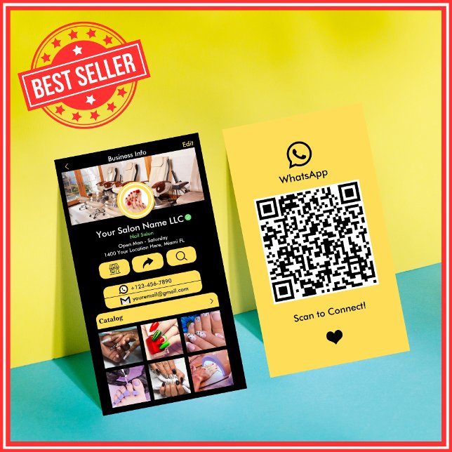 WhatsApp QR Code | Yellow Modern Nail Salon Business Card (Creator Uploaded)