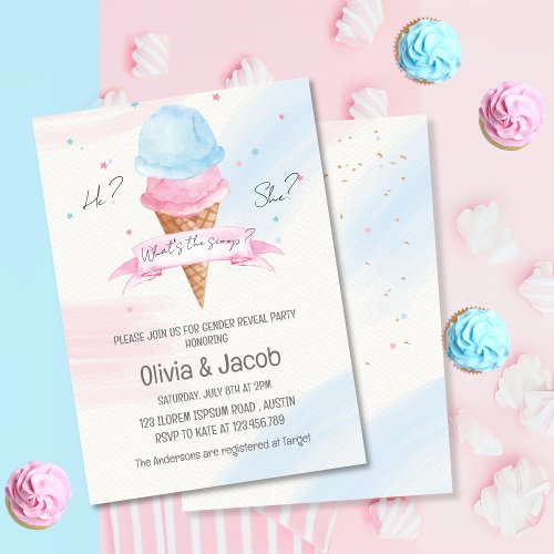 Whatss the scoop ice cream gender reveal party invitation
