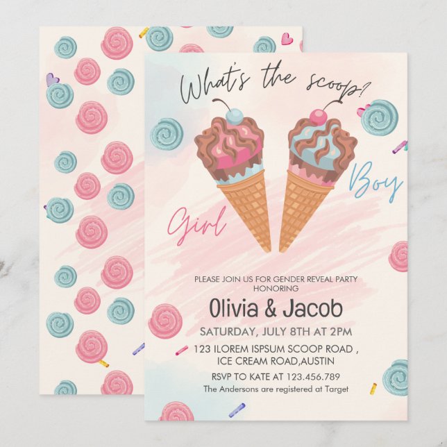 Whats's the scoop ice cream gender reveal party invitation (Front/Back)