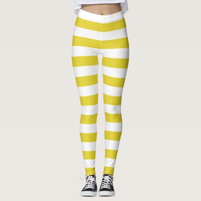 Wheat and white color horizontal striped leggings (Front)