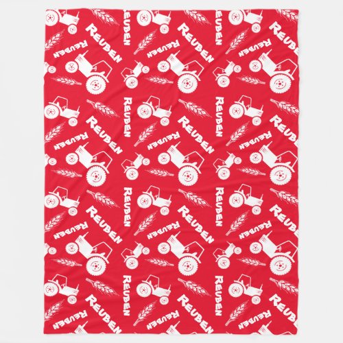 Wheat farm stylized tractor graphic name red white fleece blanket