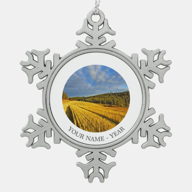 Wheat Field After Harvest 2 Snowflake Pewter Christmas Ornament (Front)