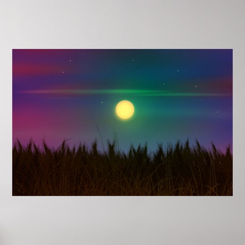 Wheat Field Night sky and moon Oil Painting Summer Poster