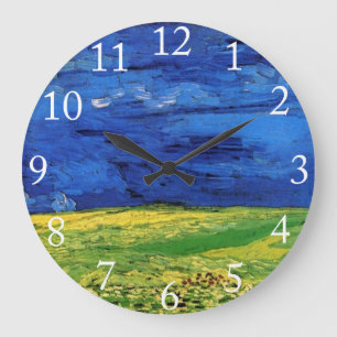 Wheat Field Under Clouded Sky by Van Gogh. Large Clock